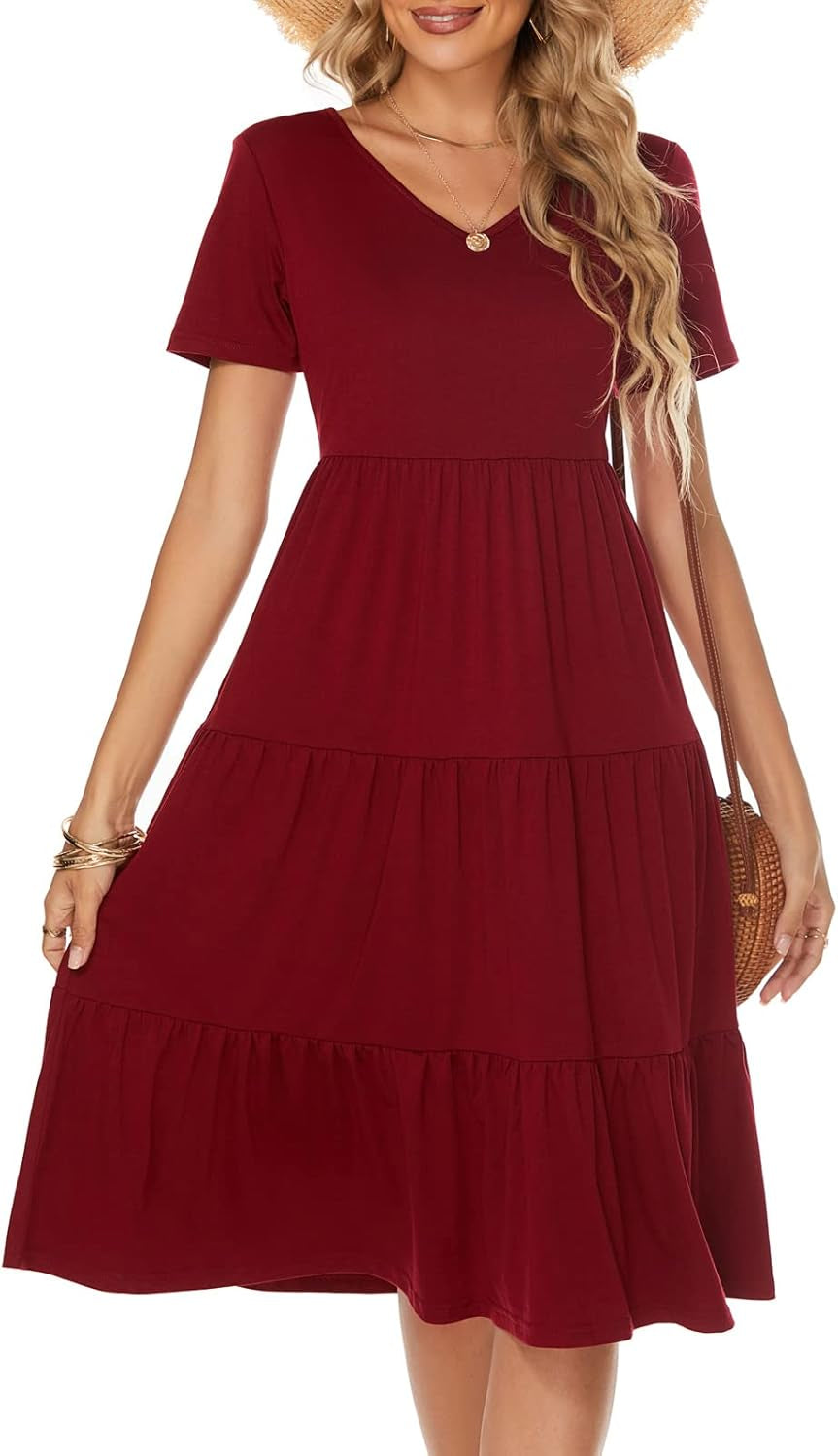 Women'S Casual Summer Tiered Midi Dress 2026 V Neck Boho Sundress | Short Sleeve Dresses for Women, Loose Ruffle Babydoll Style, Cotton Blend Fabric, for Church, Going Out, Beach Vacation